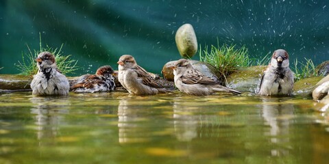 Five house sparrows are bathing. They spray water. Czechia.