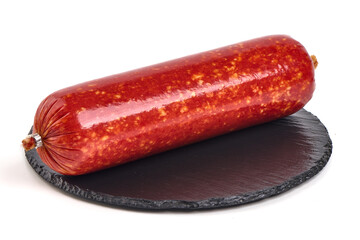 Smoked salami sausage, isolated on white background.