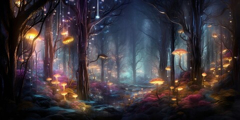 Illuminated Forest of Christmas Dreams. Generative AI - obrazy, fototapety, plakaty