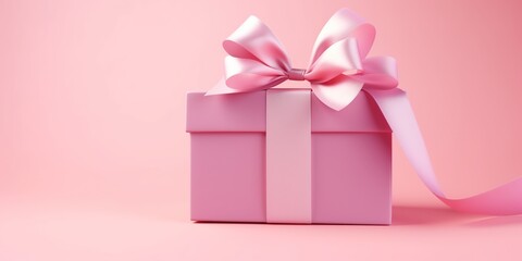 Open gift box or blank pink pastel color present box tied with pink ribbon and bow isolated on pink pastel color background with shadow minimal. Generative AI
