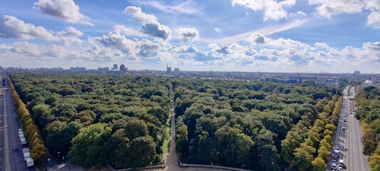 Aerial shot of the dense green trees at the park in Berlin with the horizon in the sunny background