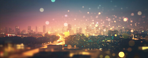 Blurred bokeh light city night,abstract city light rooftop view , 
Cityscape Nightlife Abstract Blurred Bokeh Illumination,
 a glimpse into the energetic atmosphere that defines this modern metropolis - obrazy, fototapety, plakaty