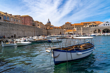 Obraz premium Boats at the marina of the Walled City of Dubrovnik, Croatia