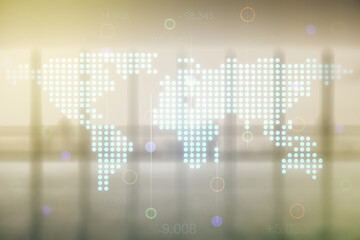 Obraz premium Double exposure of abstract digital world map on empty modern office background, research and strategy concept