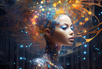 Futuristic woman head portrait wallpaper in technologic world