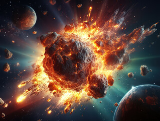 Asteroid impact, end of world, judgment day, Group of burning exploding asteroids. Generative ai