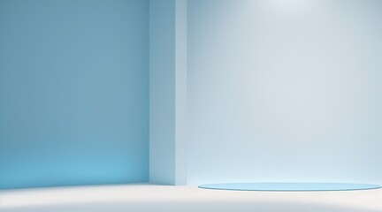 A circular podium against a bright blue wall with great backlighting. Stylish contemporary backdrop for product presentation