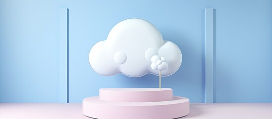 AI render of a pastel blue studio room a cute cloud shaped toy is placed on a pedestal podium with a circular background creating a charming stage for the product presentation - obrazy, fototapety, plakaty