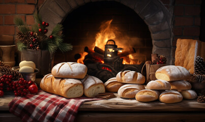 Bread or loafs on table in a christmas decorated cosy home. Set of baked breads near fireplace at...