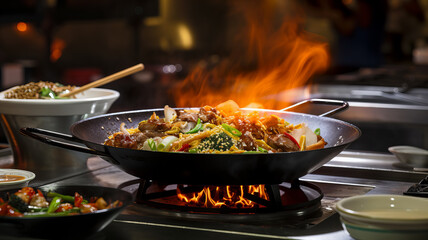 Fiery Stir-Fry in a Wok - The Art of Asian Culinary Techniques. Generative AI - obrazy, fototapety, plakaty