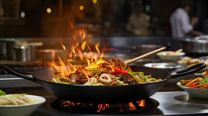 Fiery Stir-Fry in a Wok - The Art of Asian Culinary Techniques. Generative AI