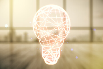 Virtual Idea concept with light bulb illustration on empty corporate office background. Multiexposure