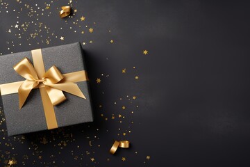 gift box with gold satin ribbon on dark background, with copy space text