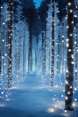 Illuminated christmas trees forest in on a snowy nigh