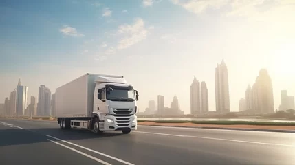 Sierkussen Photo white truck drive on road on landscape city Sharjah. Online cargo delivery service, logistics or tracking app concept. © Анастасия Комарова