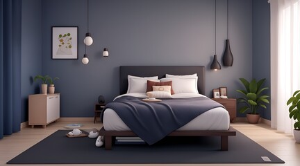 3D render of a home mockup with a modern bedroom interior background. Bedroom with bed and pillows