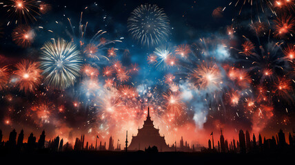 Fototapeta na wymiar Firework display which is a festival event on Guy Fawkes bonfire night and the New Year's eve for people to celebrate and have fun with exploding rockets, computer Generative AI stock illustration