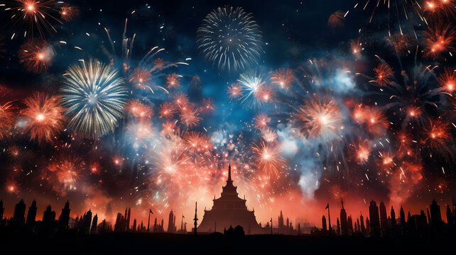 Firework display which is a festival event on Guy Fawkes bonfire night and the New Year's eve for people to celebrate and have fun with exploding rockets, computer Generative AI stock illustration