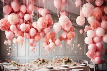 pink wall abstract background decorated with pink cake and multicolor balloons at the pink wall for decoration 
balloons celebration decoration with multicolor balloons and cake design 
