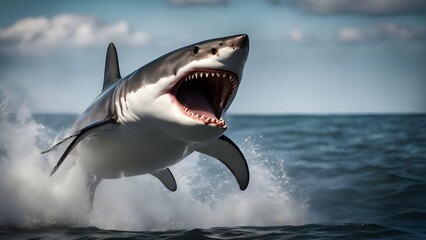 Fototapeta premium great white shark A great white shark jumps out of water to attack its prey. 