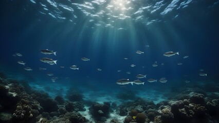 Fototapeta na wymiar underwater scene with reef A mesmerizing scene of a circular formation of fish in the deep blue ocean, with rays of light 