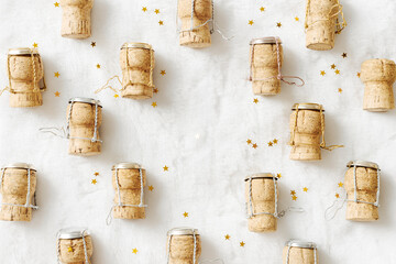 New Year, xmas holiday minimal creative pattern, wine bottle corks from champagne sparkling wine on...