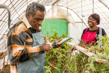 senior couple in greenhouse using digital tablet