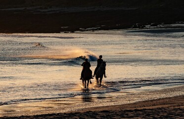 Fototapeta na wymiar People on horses in the shore at sunset in Spain