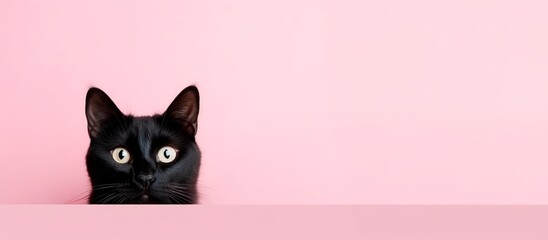 funny black cat peeping from behind a vibrant pink  block, horizontal wallpaper, large copy space for text.  - obrazy, fototapety, plakaty