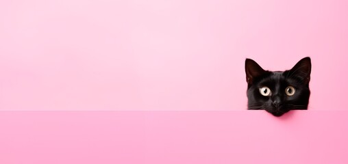 funny black cat peeping from behind a vibrant pink  block, horizontal wallpaper, large copy space for text. 