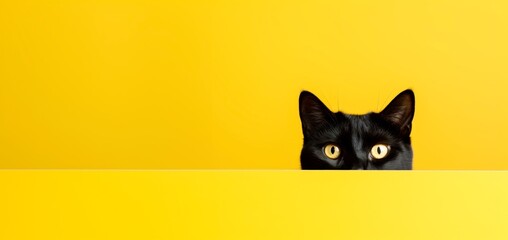 funny black cat peeping from behind a vibrant yellow  block, horizontal wallpaper, large copy space for text. 