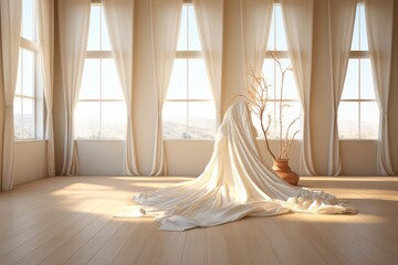 Empty room with roomy curtains and a rug in the style of light white and light brown, Opacity and translucency.
