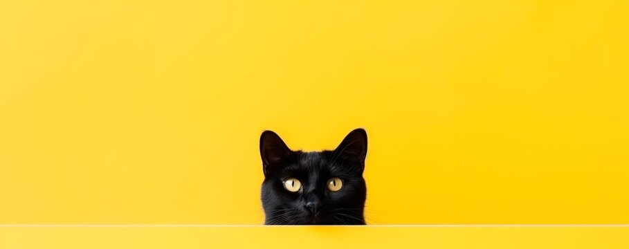 funny black cat peeping from behind a vibrant yellow  block, horizontal wallpaper, large copy space for text. 