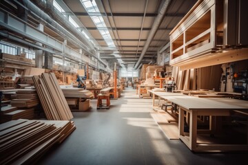 Furniture factory, inside a large furniture and interior wood items building factory. - obrazy, fototapety, plakaty