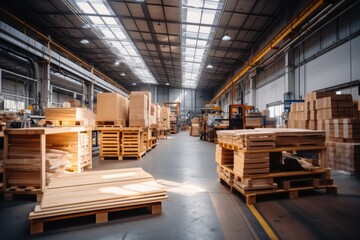 Industrial area full of furniture and wooden sheets, Industrial area, Industrial wood processing.