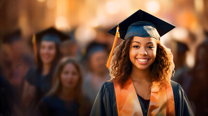Close up photography of a pretty young African American female student with curly hair graduating from high school, wearing a graduation cap and gown. Blurred students in the background