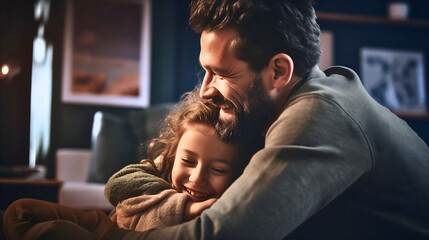 Close up, side photography of a middle-aged father with the beard hugging his young daughter. Both of them are smiling and joyfully playing. Blurred room background