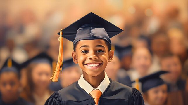 Close up photography of a young African American boy graduating, wearing a graduation cap and gown. Blurred students in the background