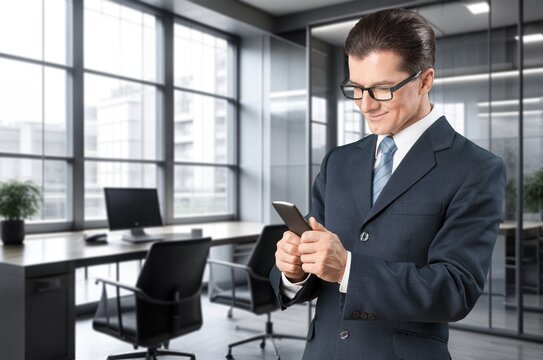 smiling business person holding a smartphone in modern office, AI generated image