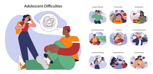Adolescent difficulties set. Teenagers navigate challenges such as academic struggles, family tensions, eating disorders, self-discovery. Learning to deal with hardships. Flat vector illustration