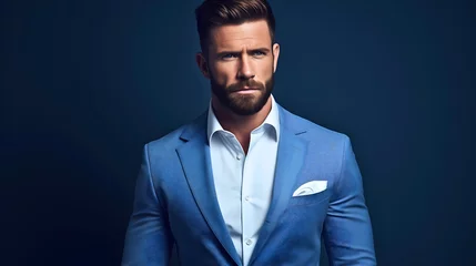 Fotobehang A handsome businessman in his 30s, wearing an elegant blue suit and white shirt, with a determined and serious look on his face. Dark indigo blue studio wall background © Nemanja