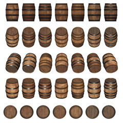 wooden barrel collection isolated 3d render