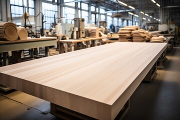 Production of wood floors in the factory, Furniture production. - obrazy, fototapety, plakaty