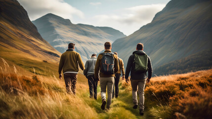 Rearview photography of five adult men wearing backpacks and hiking in the nature, mountains and hills in the background - obrazy, fototapety, plakaty