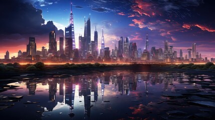 Fototapeta na wymiar night city skyline, modern city with reflection and lights. Ai Generative