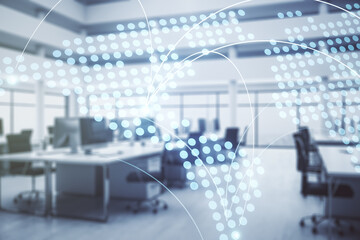 Double exposure of abstract digital world map hologram with connections on modern corporate office...