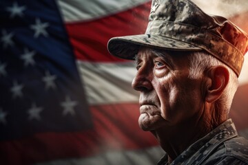 Old Veteran with blurred American national flag background