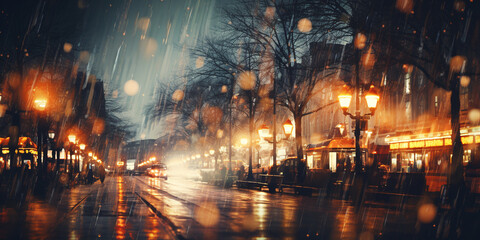 background evening European city, winter season, people, blur. ai generative