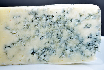 A piece of cheese with blue mold on a white plate. Delicious cheese.