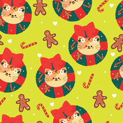 seamless pattern cartoon Christmas flower wreath with gingerbread and accessories. Cute Christmas wallpaper for gift wrap paper